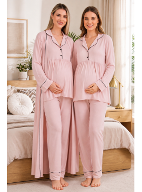 Biyeli Pudra Uzun Kollu Lohusa Hamile Pijama Takımı Sabahlık 33001